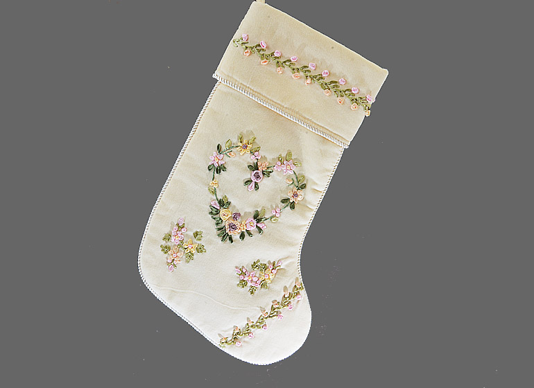 Velvet Xmas Stocking. Raised Roses with Heart